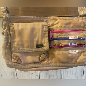 Mundi Small Tan Nylon Canvas Pocket Cargo Travel Satchel Crossbody Purse